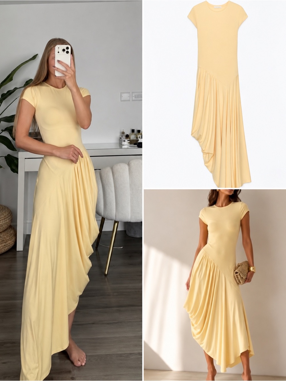 Zara Pale Yellow Asymmetric Draped Maxi Dress